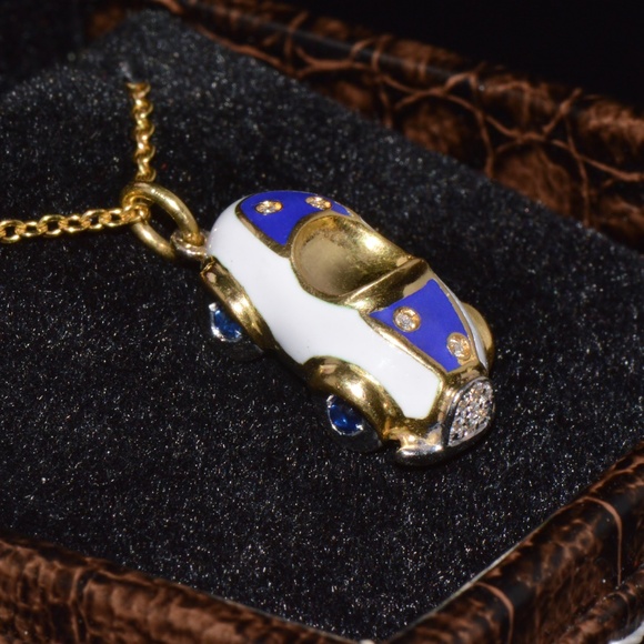AARON BASHA NATURAL DIAMOND SAPPHIRE & ENAMEL SOLID 18K GOLD LUXURY CAR CHARM - Picture 11 of 11